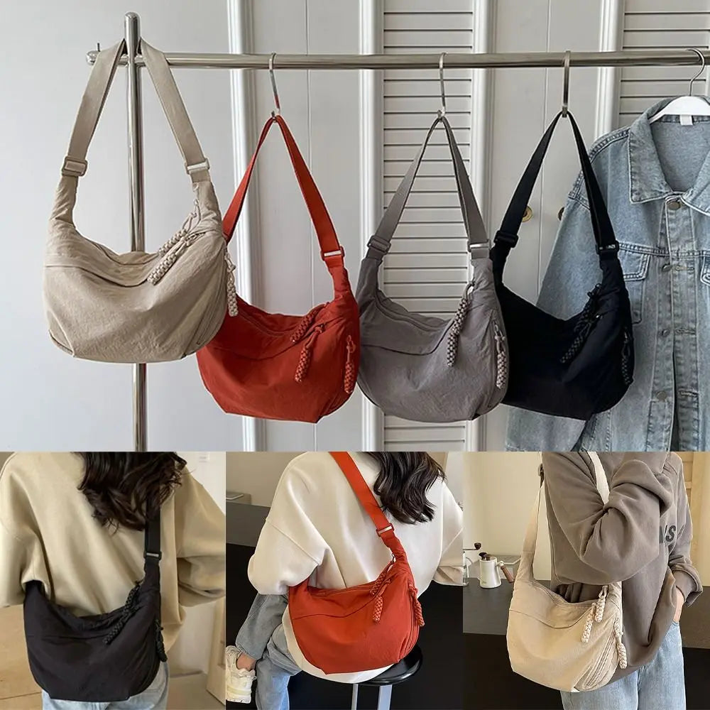 Canvas Lightweight Solid Color Dumpling Crossbody Bag - Large Capacity Korean-Inspired Shoulder Bag