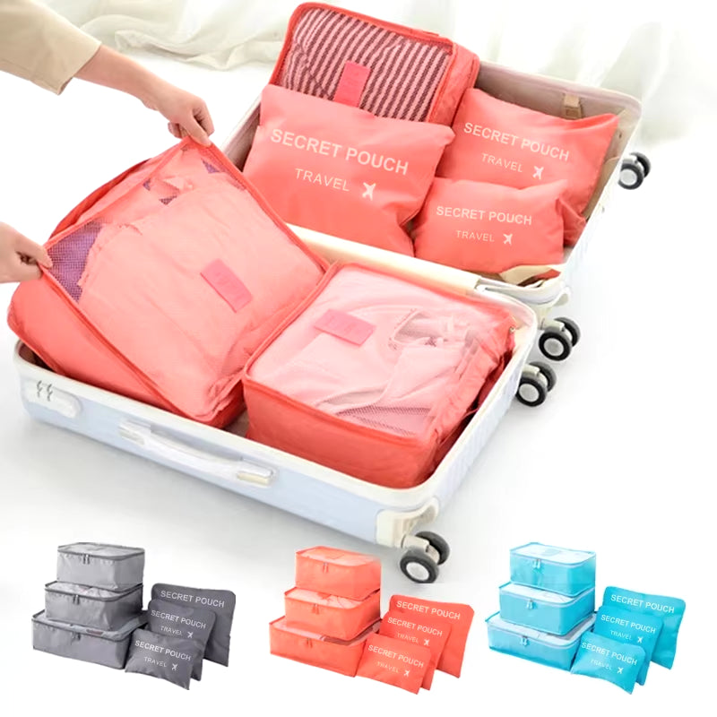 6-Piece Set of Large Capacity Waterproof Travel Storage Bags in Pink, Blue, and Grey with Zipper for Luggage and Clothing Organization