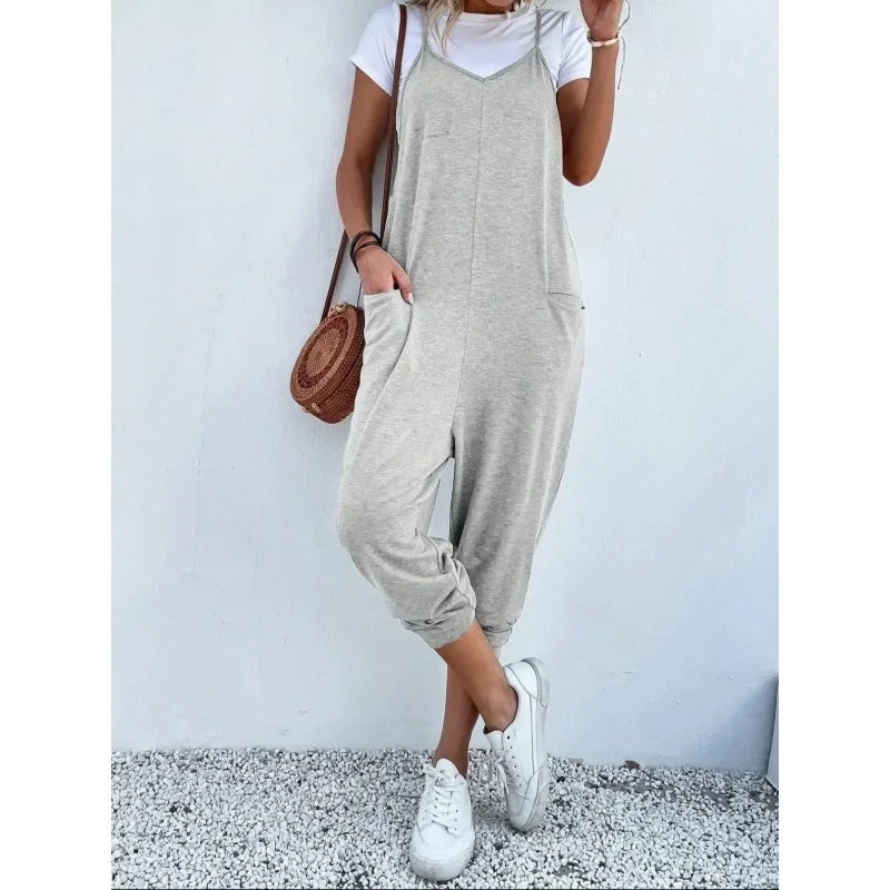 Plus Size Casual Summer Women's Loose Sleeveless Wide Leg Jumpsuit with Pockets - Comfortable and Breathable Clothing (1XL-5XL)