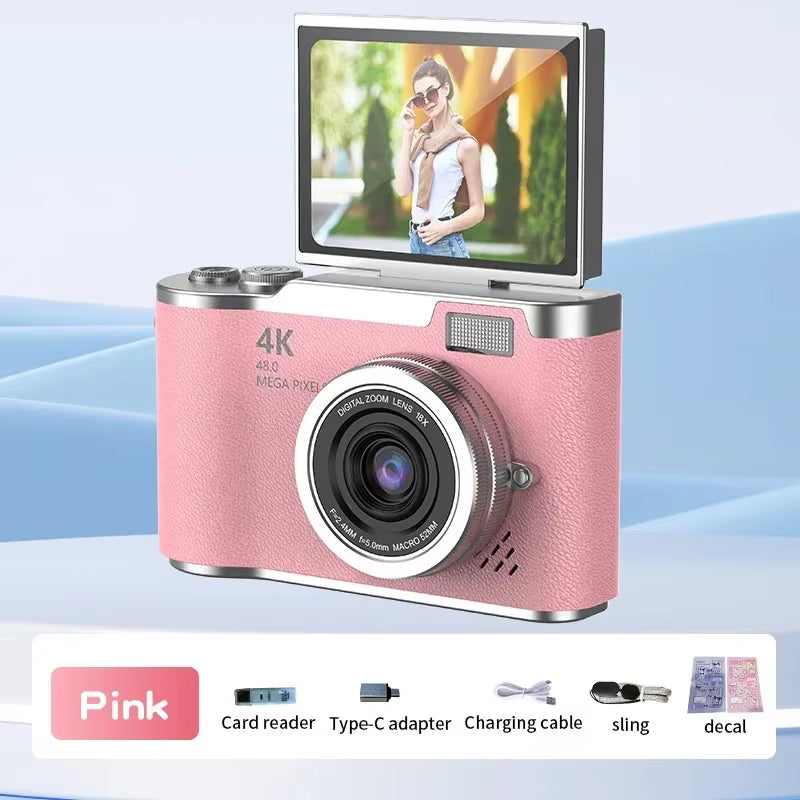 4K CCD Digital Camera - 48MP Compact Photography Camera with 180° Flip Screen for Students and Beginners