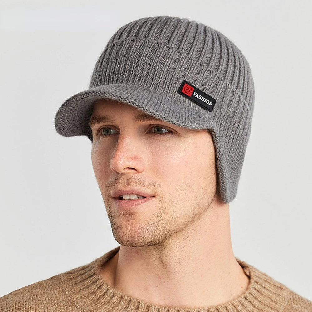 Men's Winter Outdoor Hat with Ear Protection - Warm Thick Knitted Cap, Scarf, and Windproof Visor for Cycling