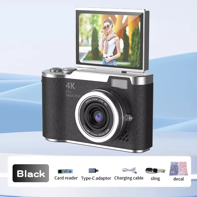 4K CCD Digital Camera - 48MP Compact Photography Camera with 180° Flip Screen for Students and Beginners