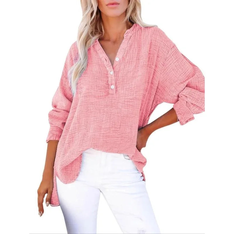 Plus Size Women's Casual Button-Up Shirts - Summer Loose Pleated V-Neck Long Sleeve Blouses (1XL-5XL)