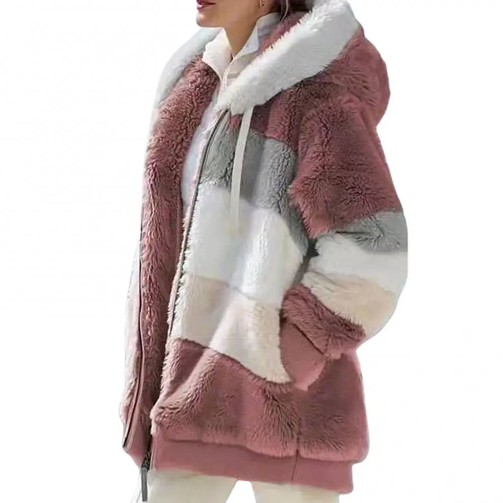 Women's Fleece Parka - Autumn and Winter Long Sleeve Color Block Hooded Jacket with Zipper