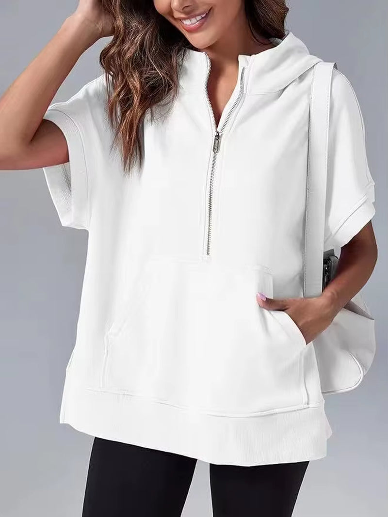 Women's Casual High Street Hooded Sweatshirt with Zipper and Pockets - Short Sleeve Solid Design