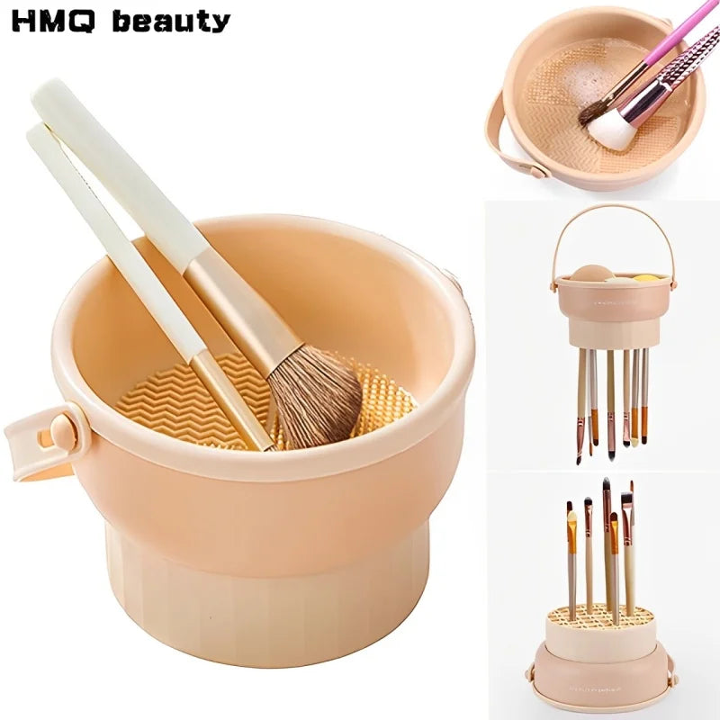 3-in-1 Silicone Makeup Brush Cleaner Mat with Folding Washing Bowl and Scrubber for Powder Puff and Cosmetic Sponge Drying Tools