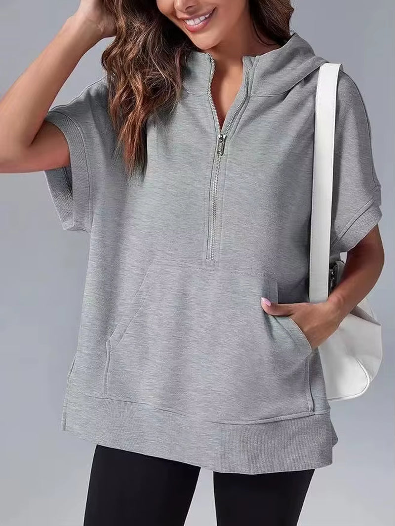 Women's Casual High Street Hooded Sweatshirt with Zipper and Pockets - Short Sleeve Solid Design