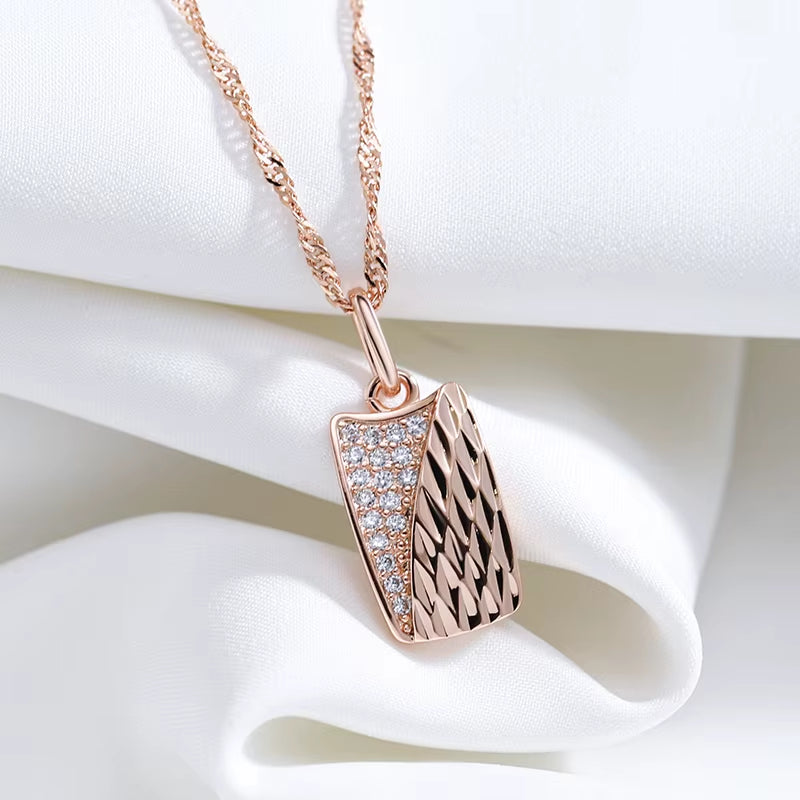 Hot Square Pendant Necklace for Women 585 Rose Gold Color with Natural Zircon Accessories Ethnic Bride Wedding Jewelry