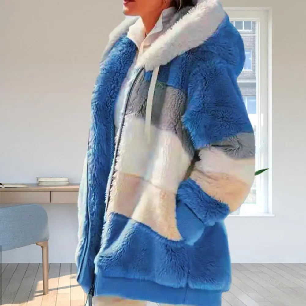Women's Fleece Parka - Autumn and Winter Long Sleeve Color Block Hooded Jacket with Zipper