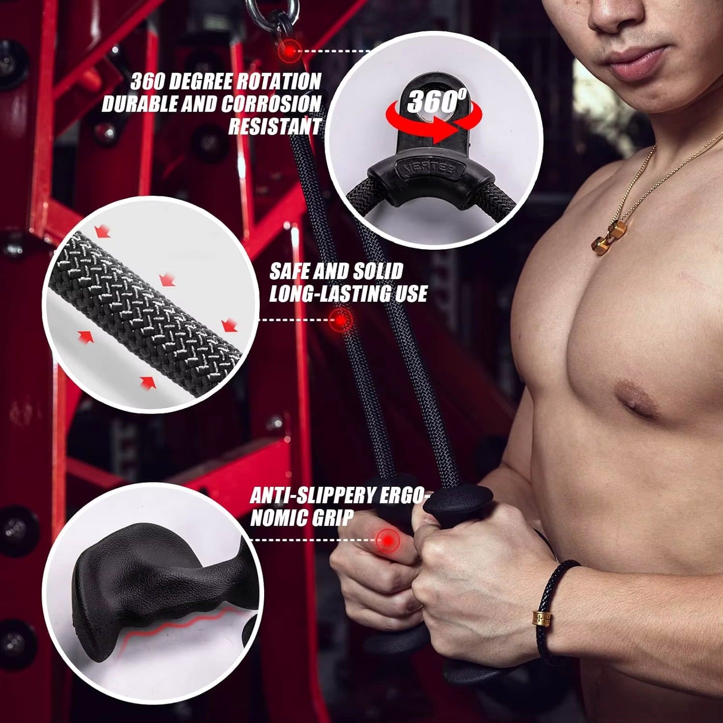 Fitness Biceps and Triceps Rope Pulldown Grip Handles for Cable Machine - Pulley Accessories for Back Exercises