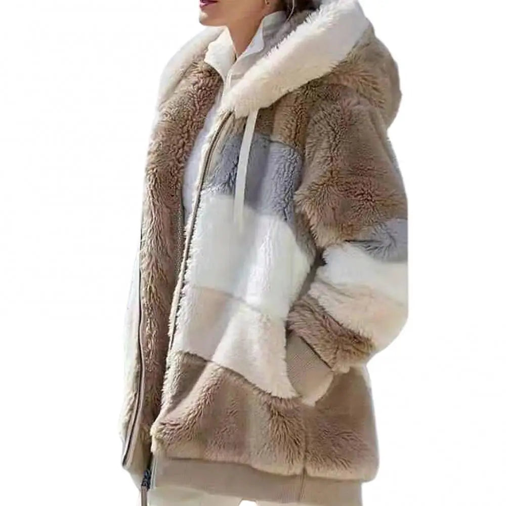 Women's Fleece Parka - Autumn and Winter Long Sleeve Color Block Hooded Jacket with Zipper