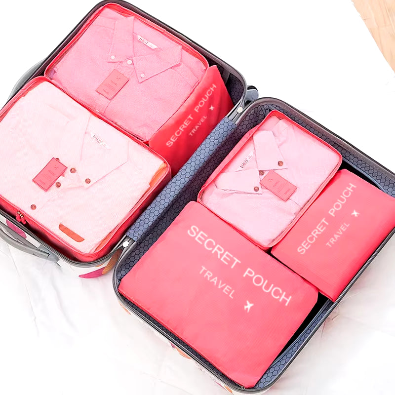 6-Piece Set of Large Capacity Waterproof Travel Storage Bags in Pink, Blue, and Grey with Zipper for Luggage and Clothing Organization