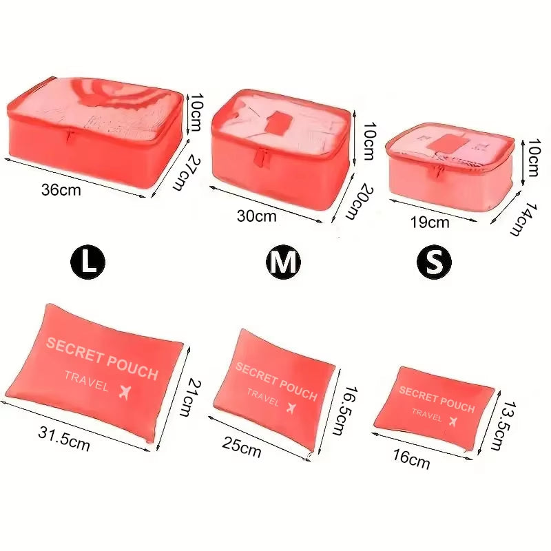 6-Piece Set of Large Capacity Waterproof Travel Storage Bags in Pink, Blue, and Grey with Zipper for Luggage and Clothing Organization