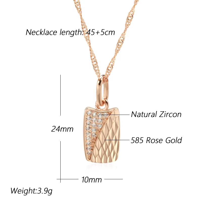 Hot Square Pendant Necklace for Women 585 Rose Gold Color with Natural Zircon Accessories Ethnic Bride Wedding Jewelry