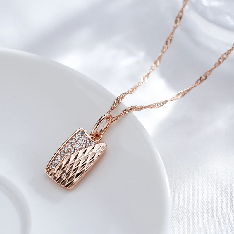 Hot Square Pendant Necklace for Women 585 Rose Gold Color with Natural Zircon Accessories Ethnic Bride Wedding Jewelry