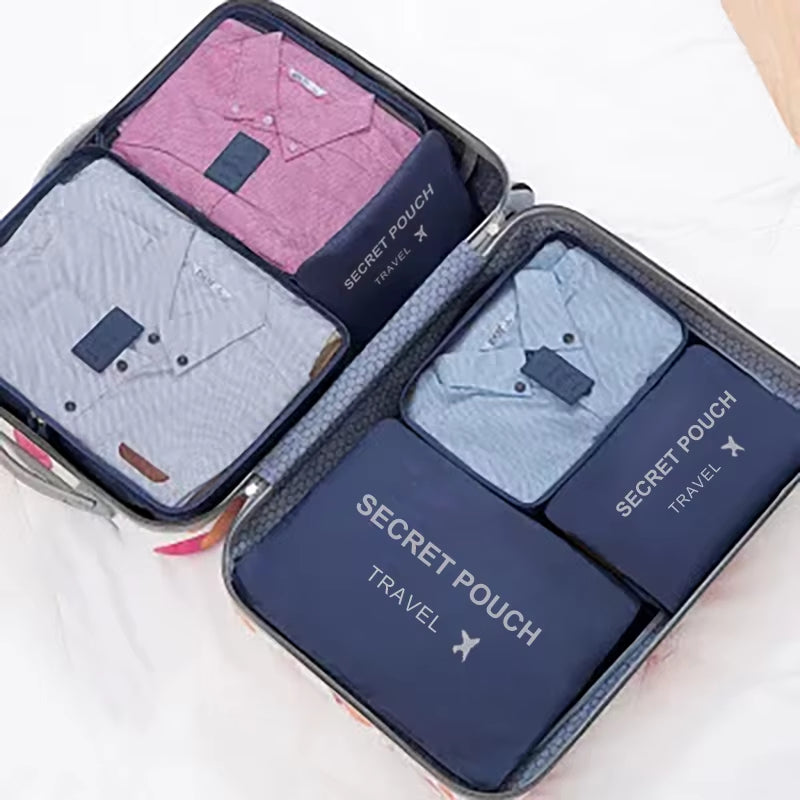 6-Piece Set of Large Capacity Waterproof Travel Storage Bags in Pink, Blue, and Grey with Zipper for Luggage and Clothing Organization