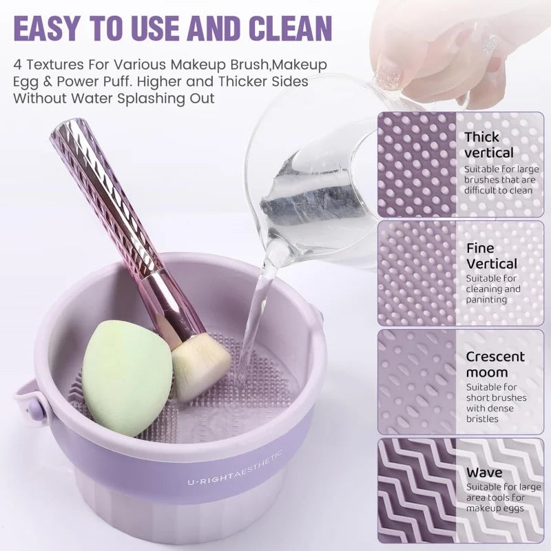 3-in-1 Silicone Makeup Brush Cleaner Mat with Folding Washing Bowl and Scrubber for Powder Puff and Cosmetic Sponge Drying Tools