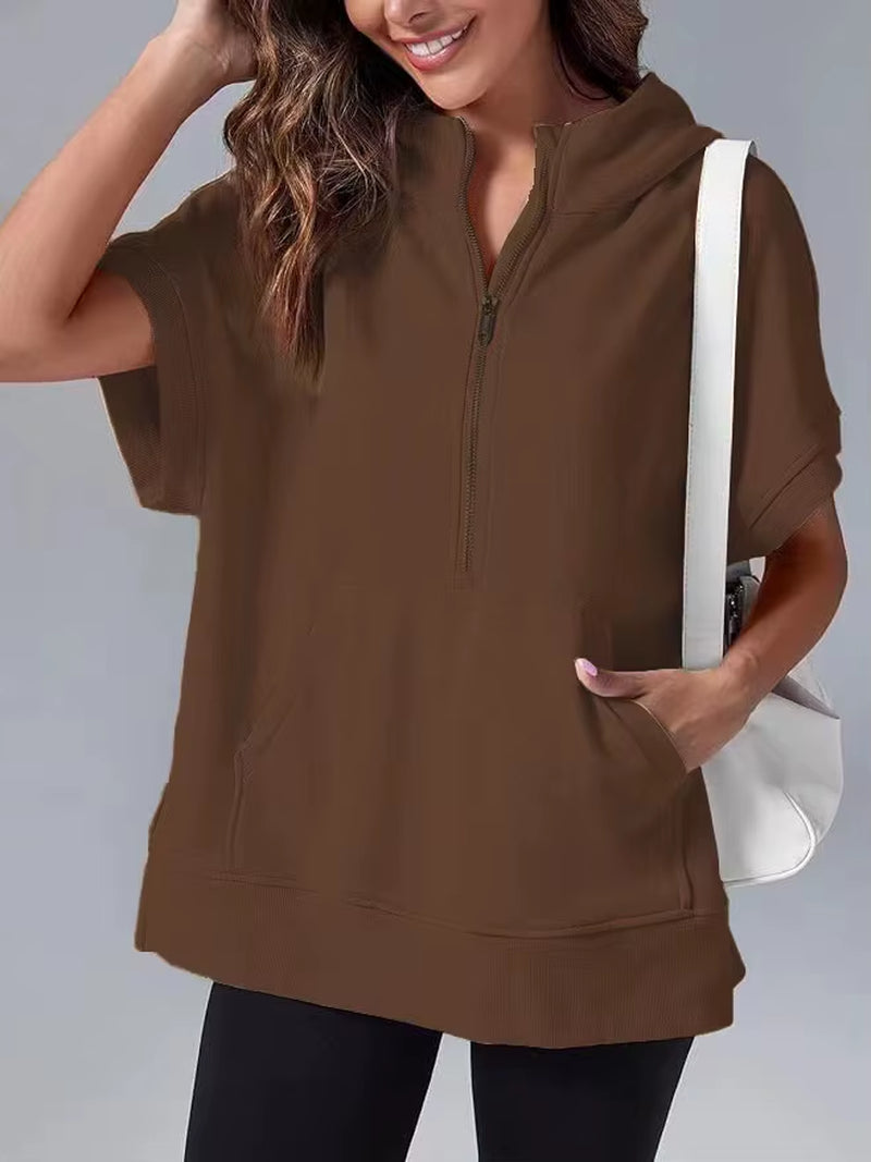 Women's Casual High Street Hooded Sweatshirt with Zipper and Pockets - Short Sleeve Solid Design
