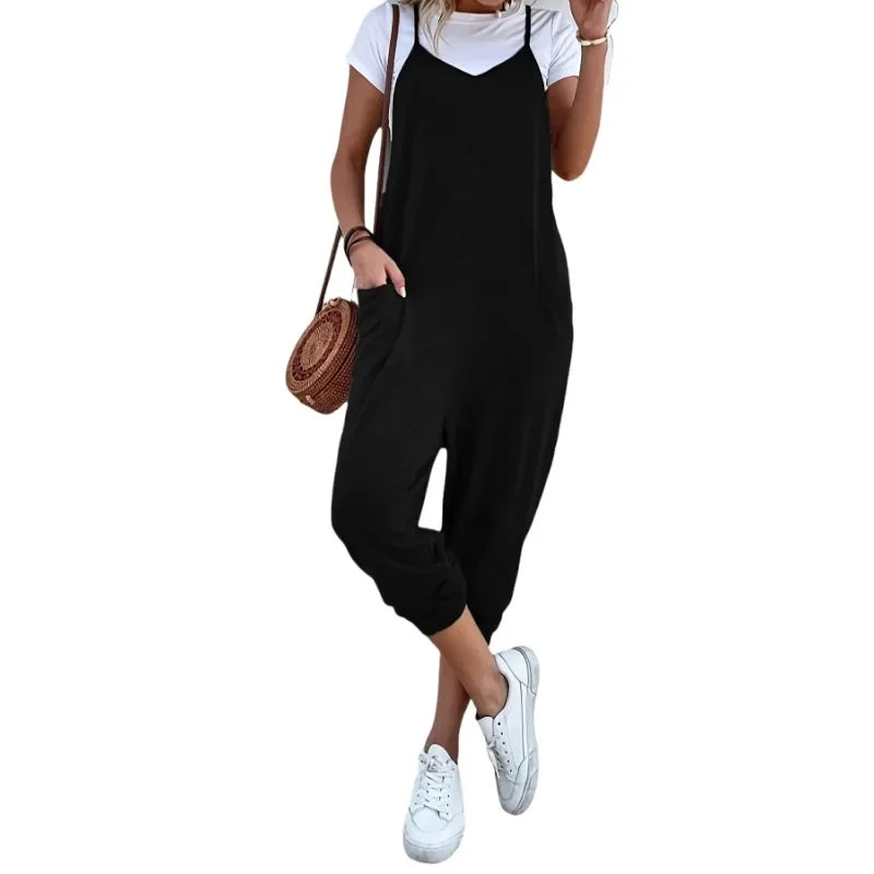 Plus Size Casual Summer Women's Loose Sleeveless Wide Leg Jumpsuit with Pockets - Comfortable and Breathable Clothing (1XL-5XL)