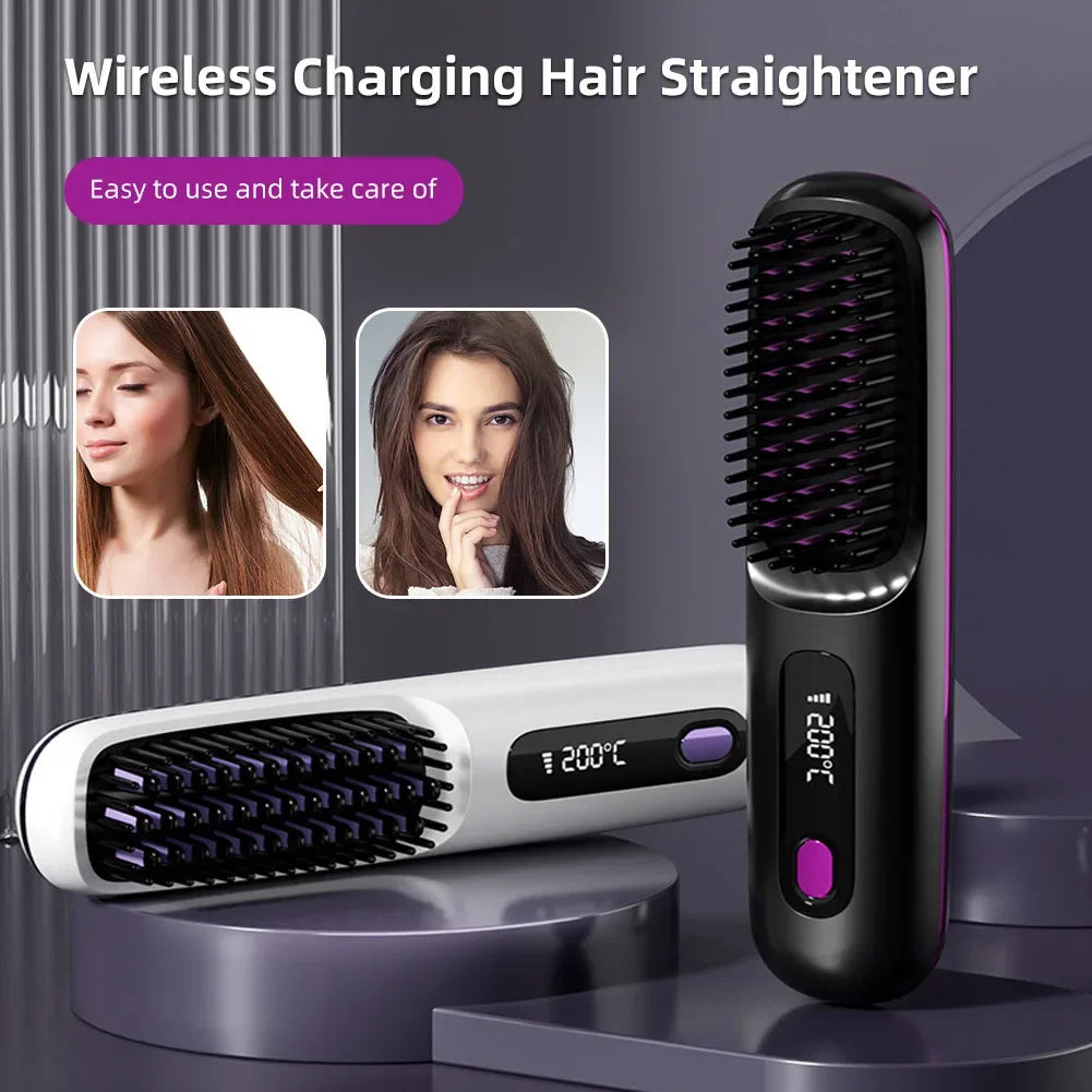 Cordless USB Rechargeable Hair Straightener Brush with Negative Ion Technology for Styling and Detangling