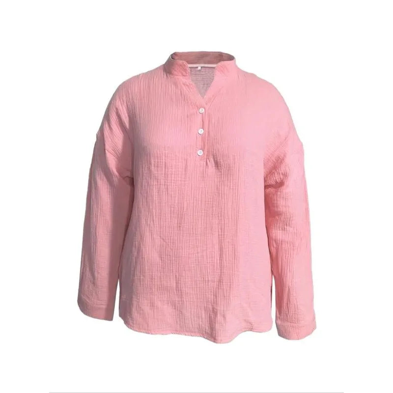Plus Size Women's Casual Button-Up Shirts - Summer Loose Pleated V-Neck Long Sleeve Blouses (1XL-5XL)