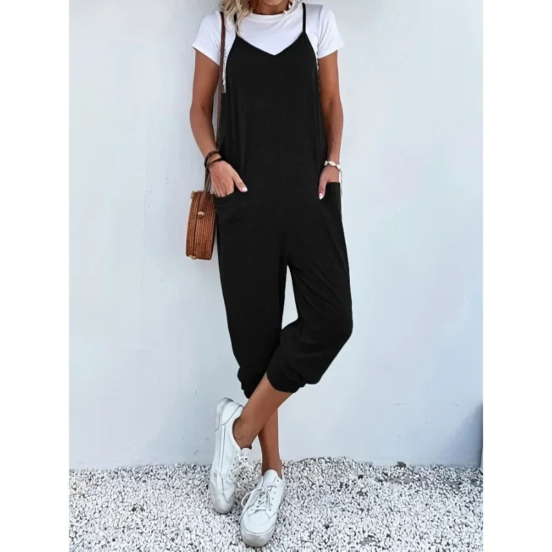 Plus Size Casual Summer Women's Loose Sleeveless Wide Leg Jumpsuit with Pockets - Comfortable and Breathable Clothing (1XL-5XL)