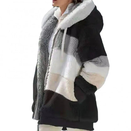 Women's Fleece Parka - Autumn and Winter Long Sleeve Color Block Hooded Jacket with Zipper