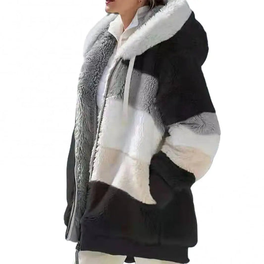 Women's Fleece Parka - Autumn and Winter Long Sleeve Color Block Hooded Jacket with Zipper