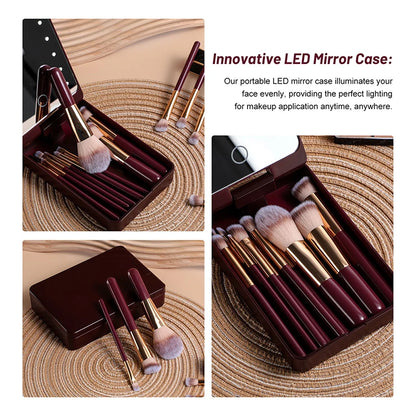 14-Piece Professional Makeup Brush Set with Illuminated Mirror and USB Rechargeable Short Handle Brushes