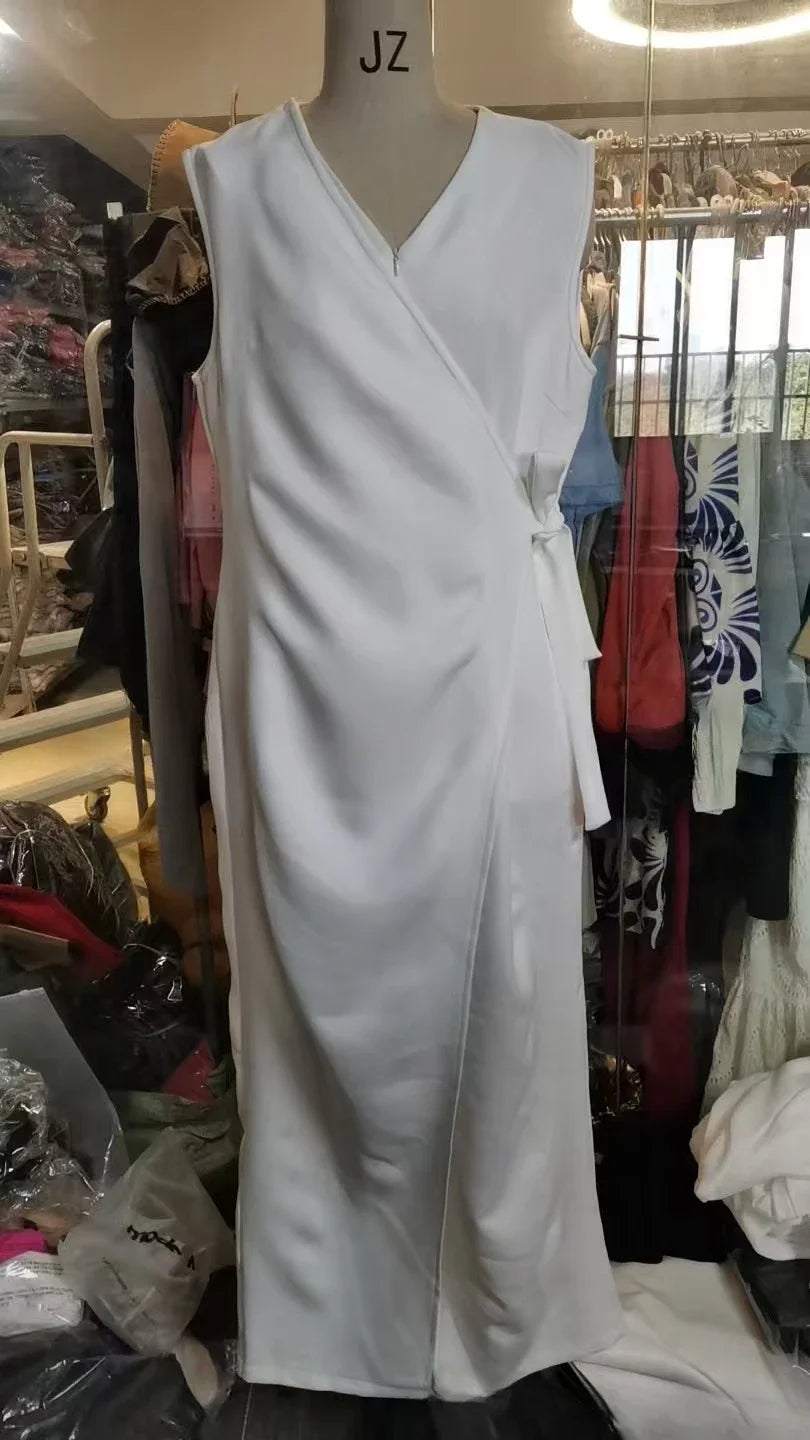 Women's Elegant V-Neck Cross Strap Jumpsuit - Casual Loose Romper with Lace-Up Sleeveless Design for Office and Streetwear