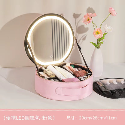 Portable Cosmetic Travel Storage Case with 2000mAh LED Rechargeable Mirror and Makeup Organizer