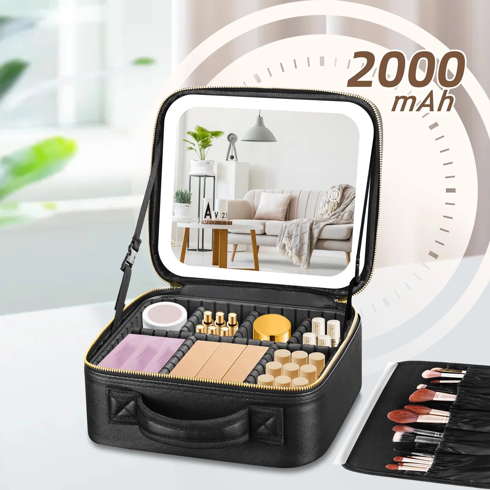Portable Cosmetic Travel Storage Case with 2000mAh LED Rechargeable Mirror and Makeup Organizer