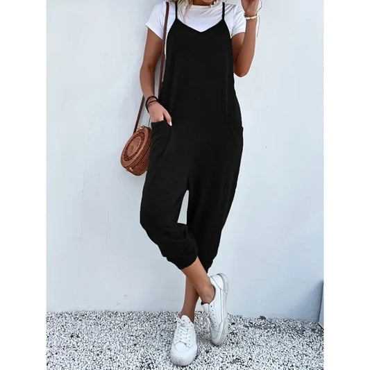 Plus Size Casual Summer Women's Loose Sleeveless Wide Leg Jumpsuit with Pockets - Comfortable and Breathable Clothing (1XL-5XL)