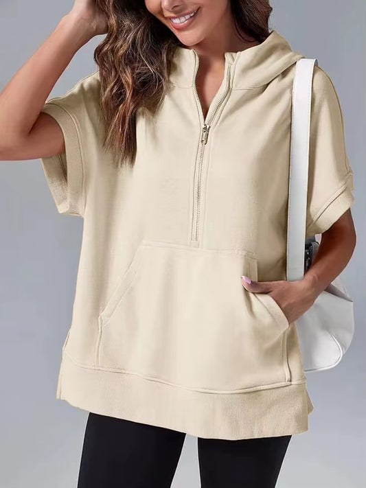 Women's Casual High Street Hooded Sweatshirt with Zipper and Pockets - Short Sleeve Solid Design