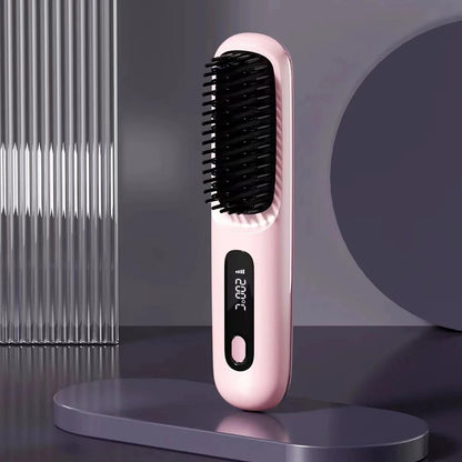 Cordless USB Rechargeable Hair Straightener Brush with Negative Ion Technology for Styling and Detangling