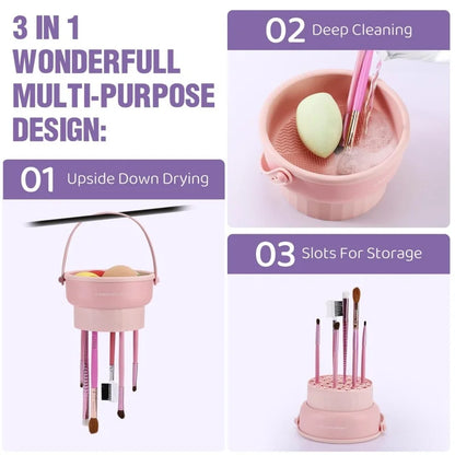 3-in-1 Silicone Makeup Brush Cleaner Mat with Folding Washing Bowl and Scrubber for Powder Puff and Cosmetic Sponge Drying Tools