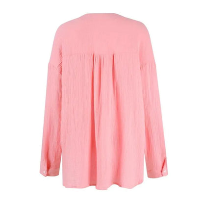 Plus Size Women's Casual Button-Up Shirts - Summer Loose Pleated V-Neck Long Sleeve Blouses (1XL-5XL)