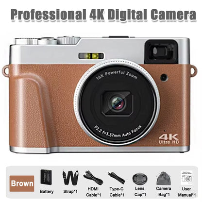 4K CCD Digital Camera - 48MP Compact Photography Camera with 180° Flip Screen for Students and Beginners