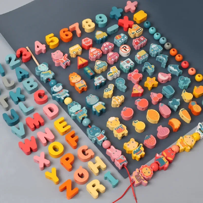 Montessori-Inspired Wooden Lacing Toy Set for Children - Includes Cartoon Animal, Fruit, Letter, and Number Beads for Creative Threading Activities