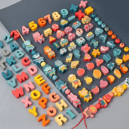 Montessori-Inspired Wooden Lacing Toy Set for Children - Includes Cartoon Animal, Fruit, Letter, and Number Beads for Creative Threading Activities