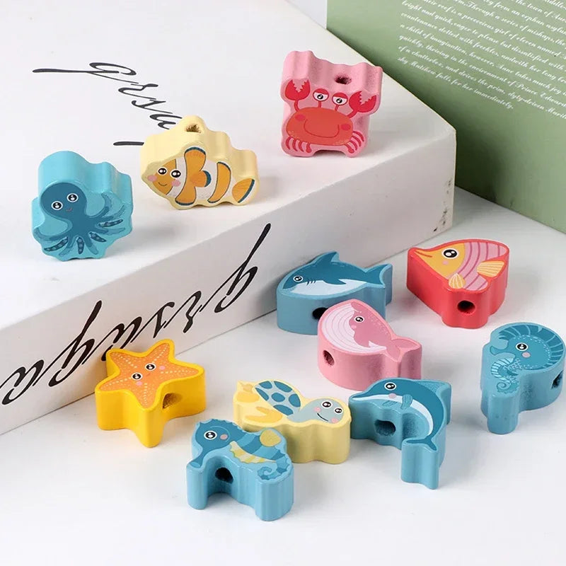 Montessori-Inspired Wooden Lacing Toy Set for Children - Includes Cartoon Animal, Fruit, Letter, and Number Beads for Creative Threading Activities