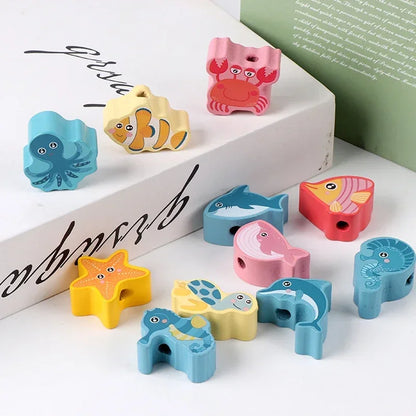Montessori-Inspired Wooden Lacing Toy Set for Children - Includes Cartoon Animal, Fruit, Letter, and Number Beads for Creative Threading Activities