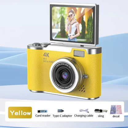4K CCD Digital Camera - 48MP Compact Photography Camera with 180° Flip Screen for Students and Beginners