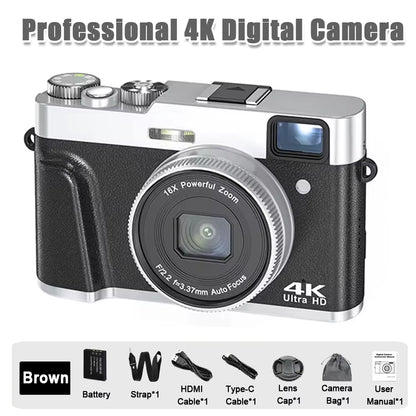 4K CCD Digital Camera - 48MP Compact Photography Camera with 180° Flip Screen for Students and Beginners