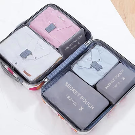 6-Piece Set of Large Capacity Waterproof Travel Storage Bags in Pink, Blue, and Grey with Zipper for Luggage and Clothing Organization
