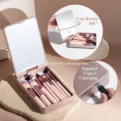 14-Piece Professional Makeup Brush Set with Illuminated Mirror and USB Rechargeable Short Handle Brushes