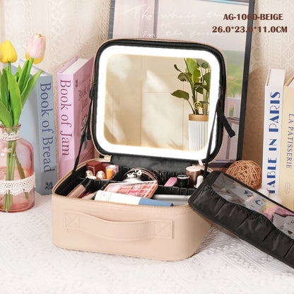 Portable Cosmetic Travel Storage Case with 2000mAh LED Rechargeable Mirror and Makeup Organizer