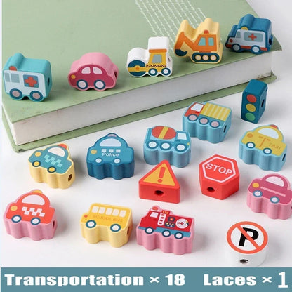 Montessori-Inspired Wooden Lacing Toy Set for Children - Includes Cartoon Animal, Fruit, Letter, and Number Beads for Creative Threading Activities