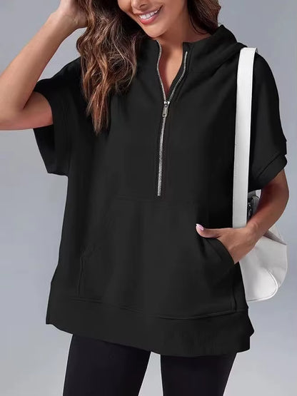 Women's Casual High Street Hooded Sweatshirt with Zipper and Pockets - Short Sleeve Solid Design