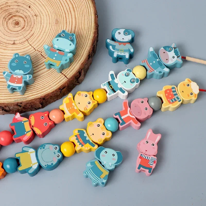 Montessori-Inspired Wooden Lacing Toy Set for Children - Includes Cartoon Animal, Fruit, Letter, and Number Beads for Creative Threading Activities